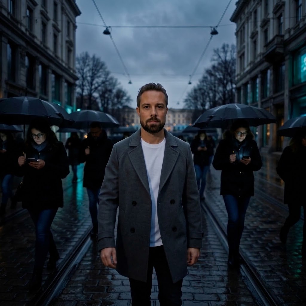 Malema i regnvåt gate omgitt av folk som ser ned i mobilen