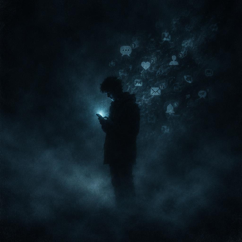 Coverart for «Varsler på lydløs» av Malema: en silhuett opplyst av en telefonskjerm i mørket